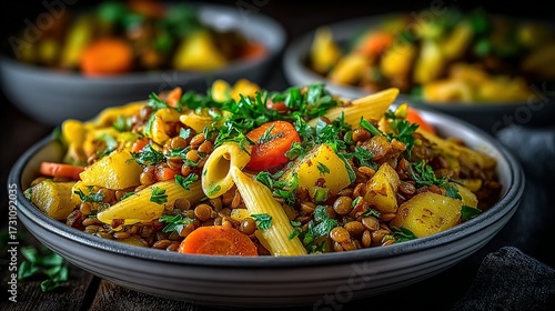 Bowl of pasta with lentils carrots and parsley on a wooden surface.