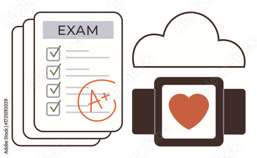 Exam sheet with checks and A grade, framed heart beneath a cloud. Ideal for education, success, achievement, goal-setting, assessment, digital learning positivity. Clean simple flat metaphor