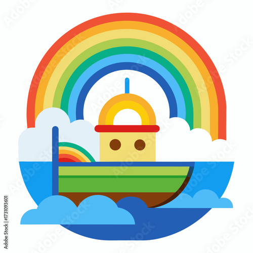 Whimsical Noah's Ark sails through vibrant clouds under a hopeful rainbow, symbolizing new beginnings and faith in a charming, simplified style