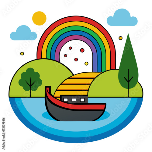 Vibrant cartoon landscape with a charming boat sailing beneath a colorful rainbow and a bright yellow sun, evoking joy and adventure for children's stories or whimsical designs.