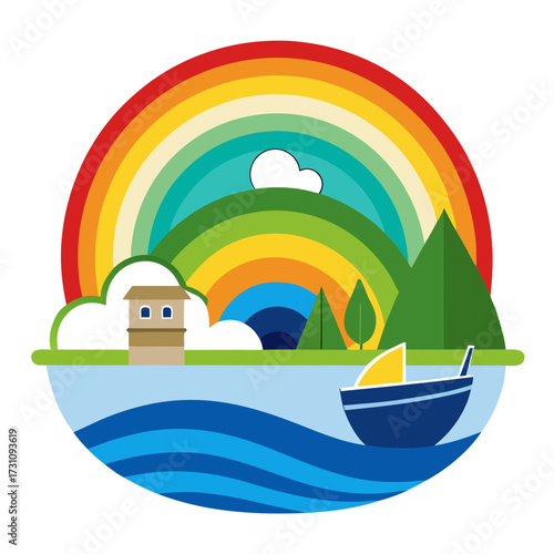 Serene coastal landscape unfolds with a vibrant rainbow arching over rolling green hills, a quaint building, and a sailboat gliding across calm blue waters, evoking tranquility and adventure.