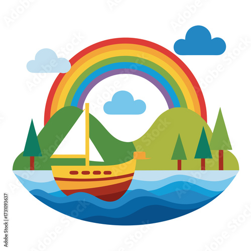 Vibrant sailboat glides across blue waters under a colorful rainbow with rolling green hills and playful clouds creating a whimsical, joyful journey scene