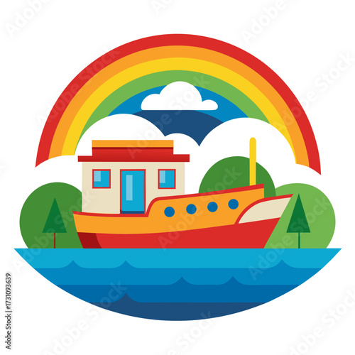 Whimsical boat sails on blue water beneath a vibrant rainbow arch, surrounded by lush green trees and fluffy white clouds, evoking joy and adventure.