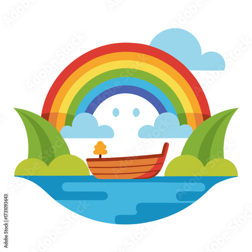 Serene boat glides on tranquil water under a vibrant rainbow, evoking dreams of adventure and peaceful journeys.