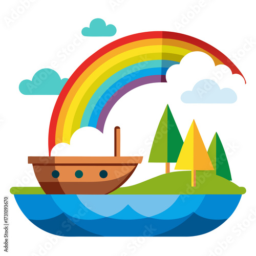 Vibrant rainbow arches over a charming wooden ark resting on a serene island paradise surrounded by lush trees and calm blue waters, symbolizing hope and new beginnings.