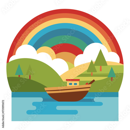 Vibrant rainbow arches over a serene landscape with a charming boat sailing on calm waters, evoking peace and adventure