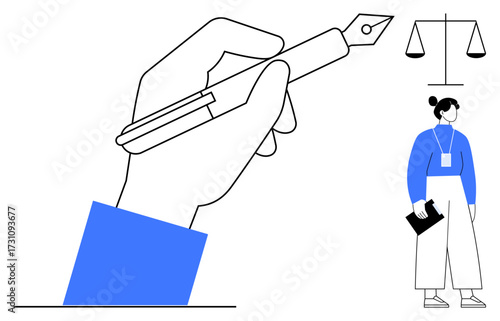 Hand writing with fountain pen, scales of justice, female legal professional with ID, and a legal book. Ideal for law, justice, ethics, contracts agreement legal services decision-making. Simple