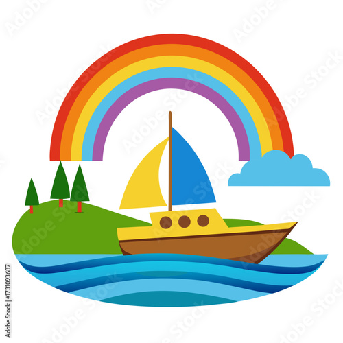 Vibrant sailboat glides across blue ocean waves beneath a bright rainbow and fluffy cloud, with green hills and trees creating a picturesque scene of adventure and hope.