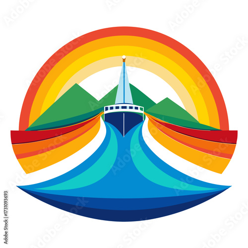 Colorful boat sailing through vibrant rainbow waters toward mountains, perfect for travel, adventure, and exploration themes with a touch of positivity
