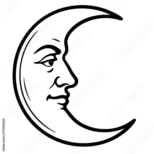 Crescent Moon with a Human Face Vector Illustration - Classic Line Art