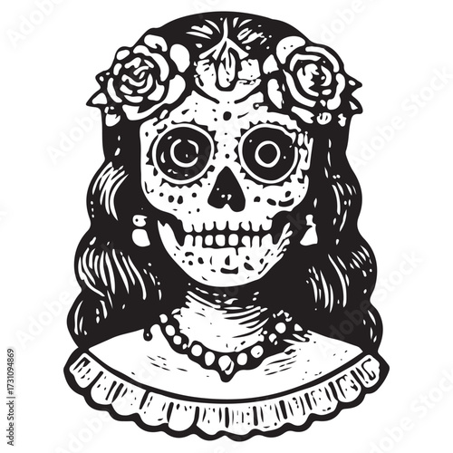 Vintage Day of the Dead Floral Catrina Skull Illustration