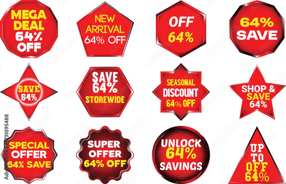 Obraz premium Collection of twelve red sale discount badges with text and 64 percent off offer