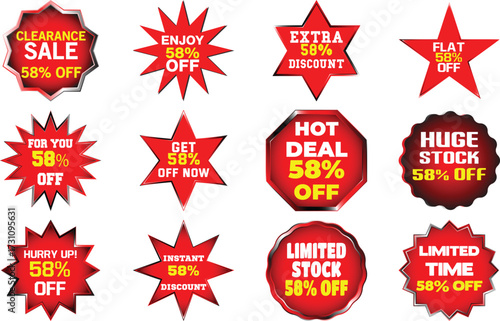 Collection of twelve red and silver sale discount tags with 58 percent off text vector