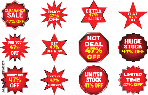 Collection of twelve red and yellow sale discount tags and starbursts with text vector
