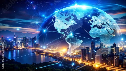 Global Connectivity and Technological Advancement: A Vibrant Cityscape Illuminated by a Networked