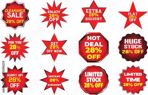 Collection of twelve red and yellow sale discount tags and labels vector 1