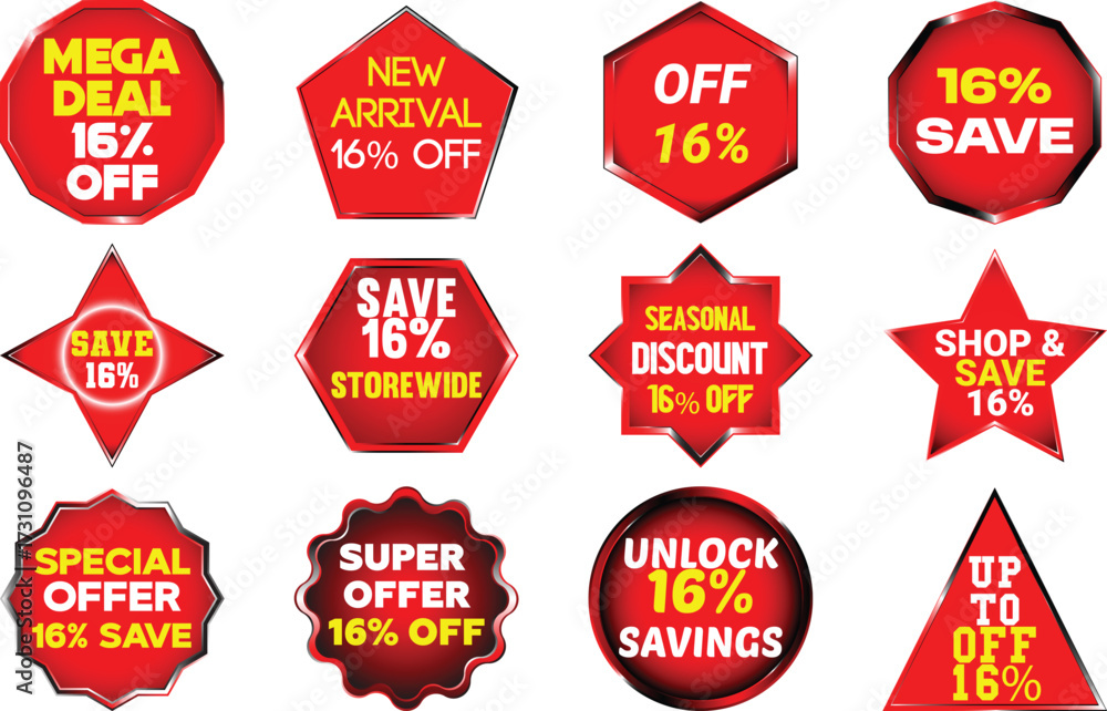Obraz premium Collection of twelve red sale discount badges with text and percentage off offer save