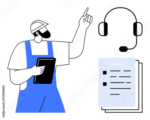 Worker in blue overalls holding a tablet and pointing upward, headset and documents floating beside. Ideal for teamwork, communication, project management, remote support, technical processes