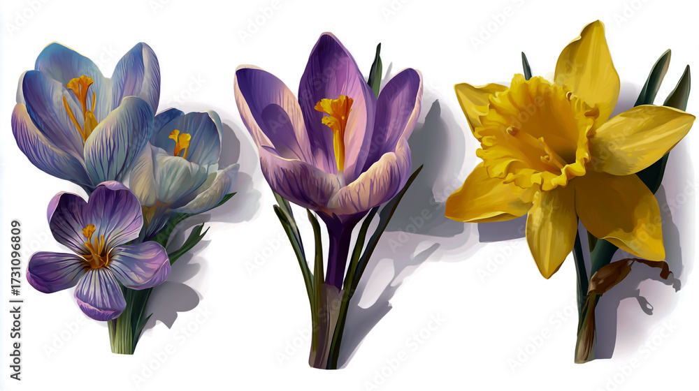 Naklejka premium Set of vector spring flowers crocuses and daffodils, isolated on a white background, in a top view