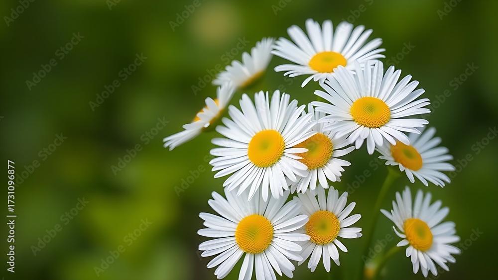 Fototapeta premium Fresh daisies in a simple bouquet, bathed in natural daylight with a soft green backdrop.