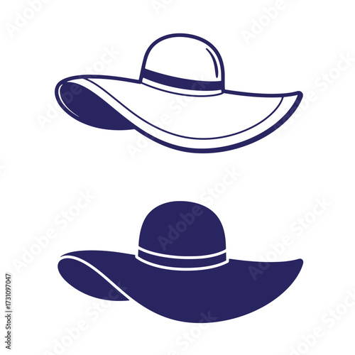 Elegant vector illustrations of floppy sun hats in white and deep blue colors