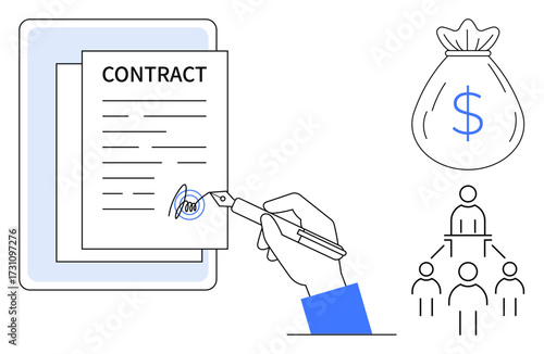 Contract signing with pen on document, money bag symbolizing financial deal, and organizational chart. Ideal for business, teamwork, management, finance, agreements, organizational structure