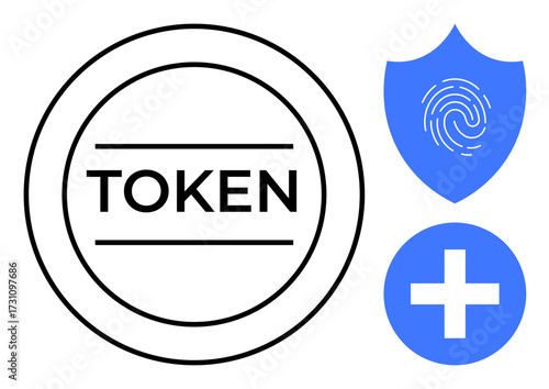 Circular token with bold TOKEN text, blue shield with fingerprint, and medical cross. Ideal for security, identity, safety, healthcare, cryptocurrency authentication blockchain. Simple flat