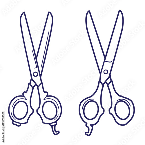 Two detailed hand drawn line art scissors in open and closed positions on white