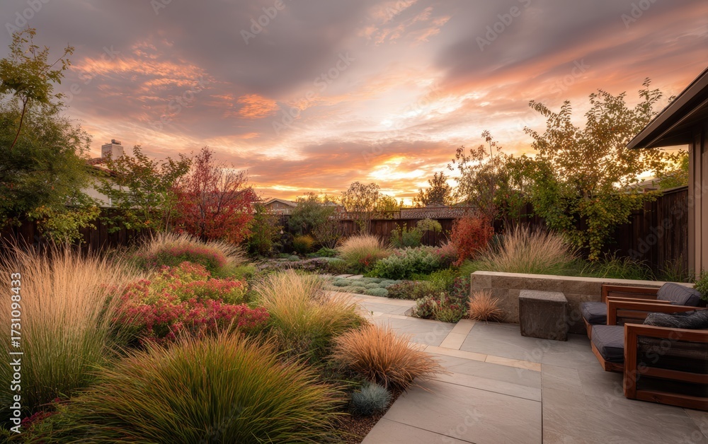 Obraz premium Tranquil backyard retreat with lush garden plants, stylish seating, and golden sunset glow, ideal for sustainable living campaigns, green home design imagery, and relaxing outdoor lifestyle visuals