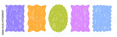 Colorful fun scallop border frames with crayon texture. Squiggly rectangles and oval.