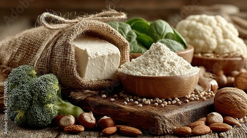 Assortment of healthy plant based food on a wooden surface.