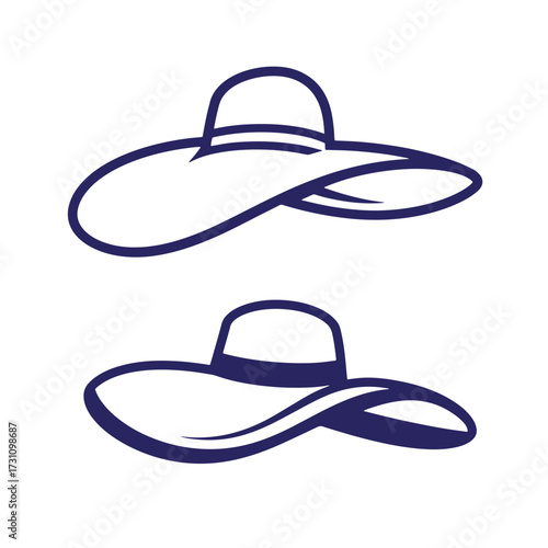 Two elegant silhouette illustrations of sun hats in navy blue color isolated on white