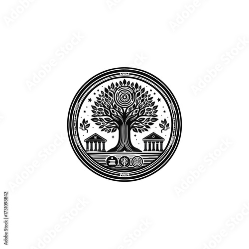Intricate tree design with symbols and buildings around
