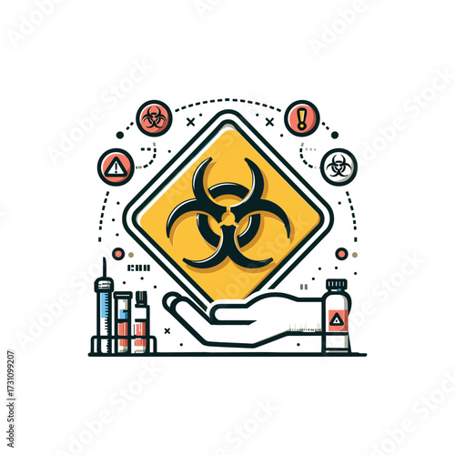 Hand holding biohazard symbol with warning icons nearby