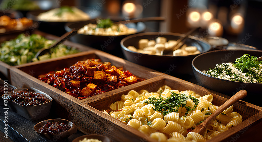 Obraz premium A buffet station with different kinds of pasta, sauces, and toppings for customization.