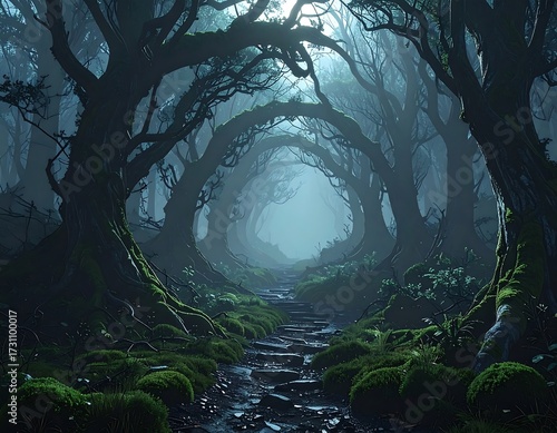 Mysterious Forest Path at Dusk.