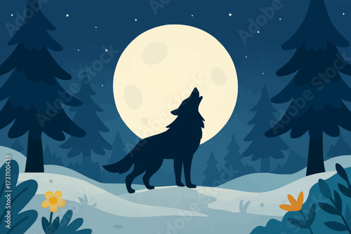 A flat vector illustration of a howling wolf silhouetted against a full moon in a snowy forest