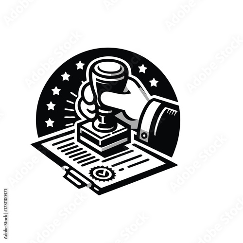 Hand stamping a document with a seal in background