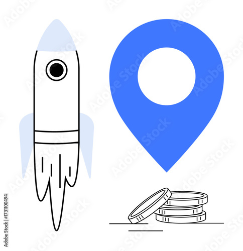Rocket taking off beside a blue map pin and stacked coins symbolizing growth, innovation, location-based services, entrepreneurship, financial investments, technology, and business success. A simple