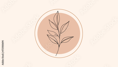 Minimalist botanical illustration of a leafy branch inside a circle on a beige background.