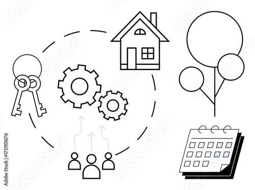 House, keys, gears, people, calendar, and tree represent teamwork, property management, planning organization decision making community building. Ideal for real estate collaboration scheduling