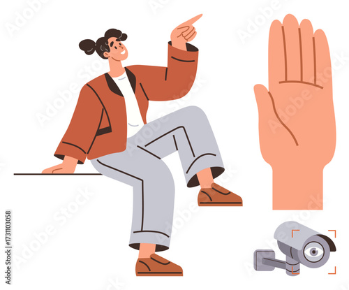 Young woman sitting and pointing forward, next to a raised hand symbolizing biometric recognition and a surveillance camera. Ideal for technology, privacy, security, identity, monitoring, innovation