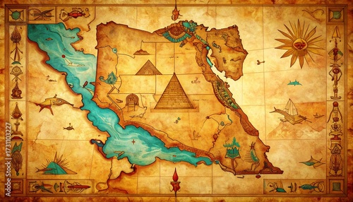 Ancient Egypt Map Illustration with Pyramids, Sun, and Symbols.