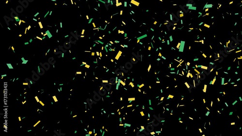 Green and yellow confetti falling in front of black background. Celebration animation