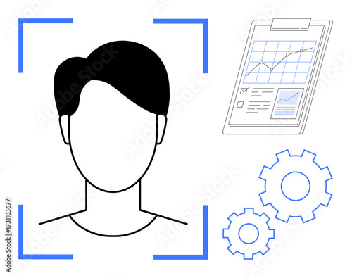 Abstract outline of a face framed in blue, document featuring analytics chart, and gear elements. Ideal for technology, identity verification, artificial intelligence, project management, process