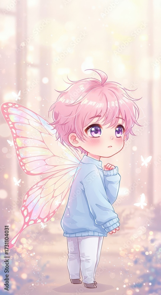 Fototapeta premium A charming, whimsical illustration portrays a small, spirited child with vibrant pastel hues and iridescent butterfly wings.