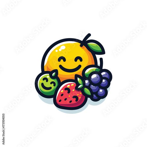 Happy cartoon fruits with smiling faces and leaves