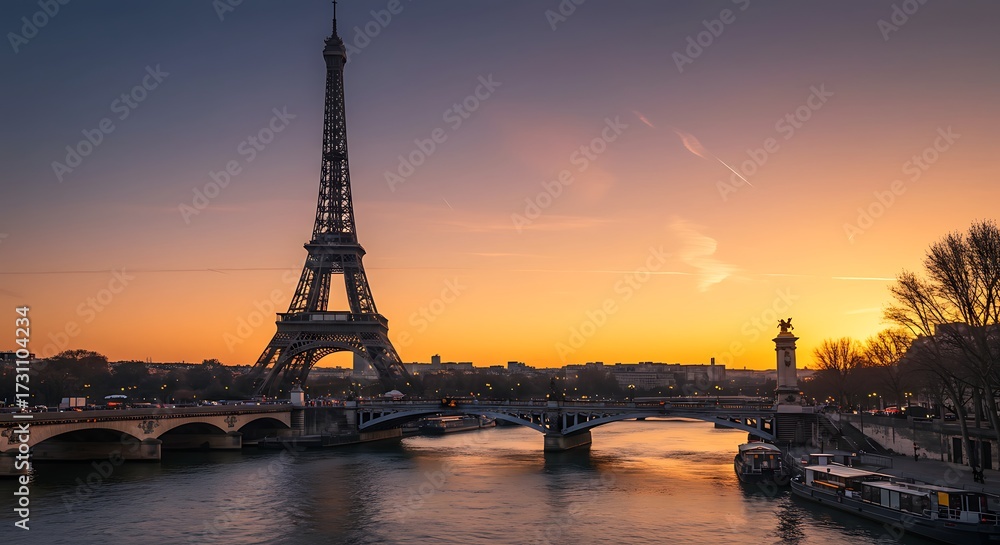 Naklejka premium Eiffel tower silhouette at sunset over river with bridge and boats
