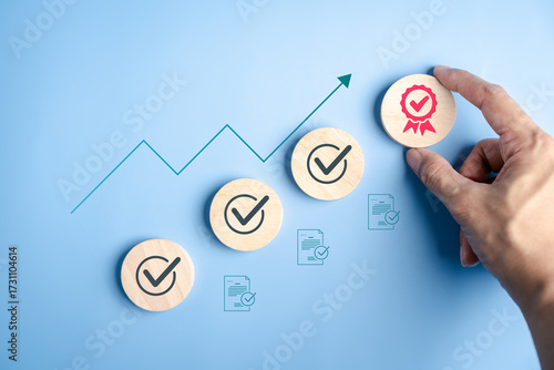Certificate and checklist concept with check marks, documents, and growth graph, quality assurance, standard compliance, achievement, business certification, and goal completion.