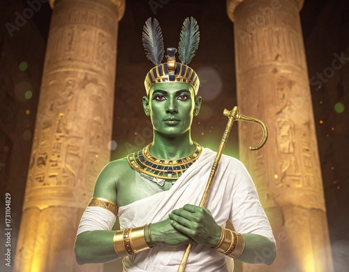 Egyptian God with Green Skin, Temple Pillars, Staff.